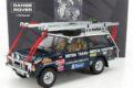 Range Rover British Trans-Americas Expedition 1:18 model in dark blue with roof rack and expedition decals, in front of its box