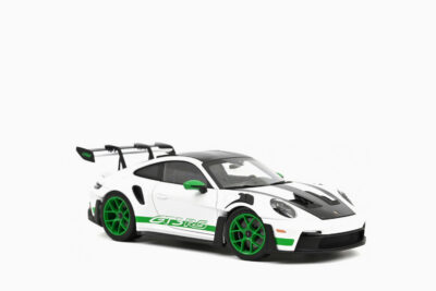 Porsche 911 GT3 RS Weissach Pack 2022, White with Green Stripes And Carbon Hood and Top 1:18 by Norev