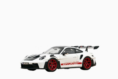 Porsche 911 GT3 RS with Weissach Pack 2022, White with Carbon Hood and Top and Pyro Red Stripes and Wheels 1:18 by Norev