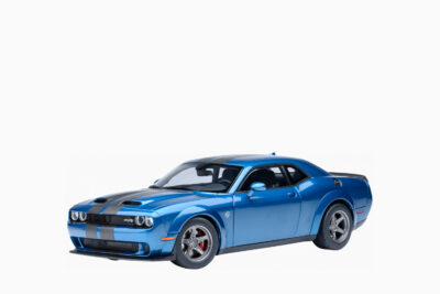 Dodge Challenger SRT Super Stock Frostbite 2023, Blue Metallic with Carbon Stripes 1:18 by AUTOart