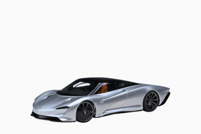 McLaren Speedtail Supernova, Silver Metallic with Black Top and Suitcase Accessories 1:18 by AUTOart