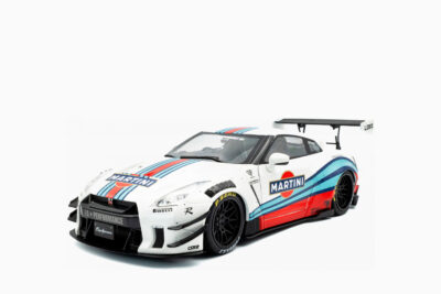 Nissan GT-R (R35) RHD (Right Hand Drive) with Liberty Walk 2.0 Body Kit "Martini 2024, Racing" White with Stripes 1:18 by Solido