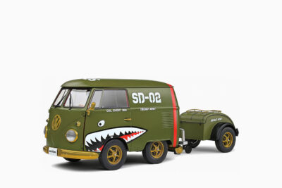 Volkswagen Kool Kombi Van with Trailer "Army Fighter" 1950, Green with Graphics 1:18 by Solido