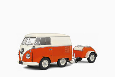 Volkswagen Kool Kombi Van with Trailer 1950, Orange and White 1:18 by Solido