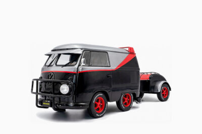 Volkswagen Kool Kombi Sport Van with Trailer 2024, Black and Silver with Red Stripe 1:18 by Solido