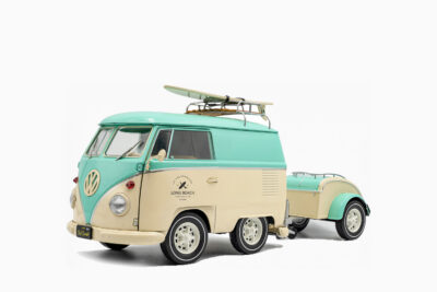 Volkswagen Cool Combi Van with Trailer "Long Beach Surfing Club" 2024, Mint Green and Cream with Roof Rack and Surfboard 1:18 by Solido
