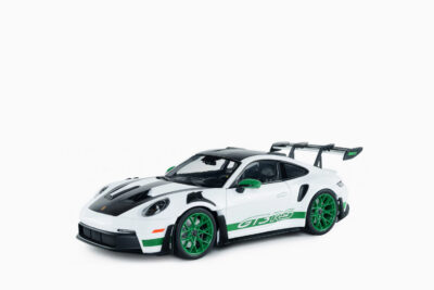 Porsche 911 GT3 RS "Tribute to Carrera RS Package" 2024, White with Carbon Hood Stripes and Top and Green Side Stripes and Wheels 1:18 by Solido